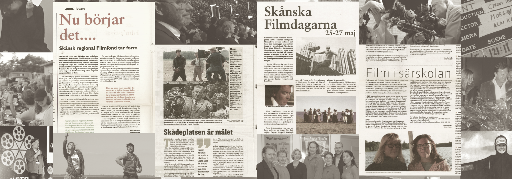 Collage av foton och artiklar om och med Film i Skåne